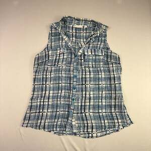 New York & Company Blue Abstract Plaid Sheer Sleeveless Button Up Blouse Size L